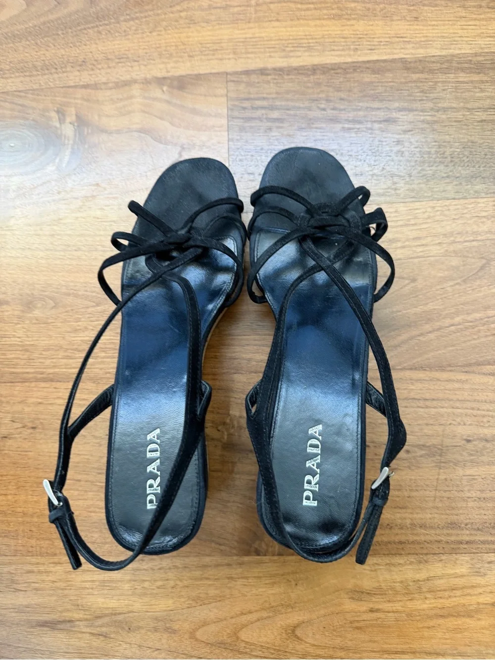 Prada Black Suede Cork Wedge Sandals with Lace Straps